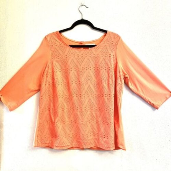 Coldwater Creek Coral Orange Eyelet Button Back Top Size XL 3/4 Length Sleeve - Picture 1 of 8